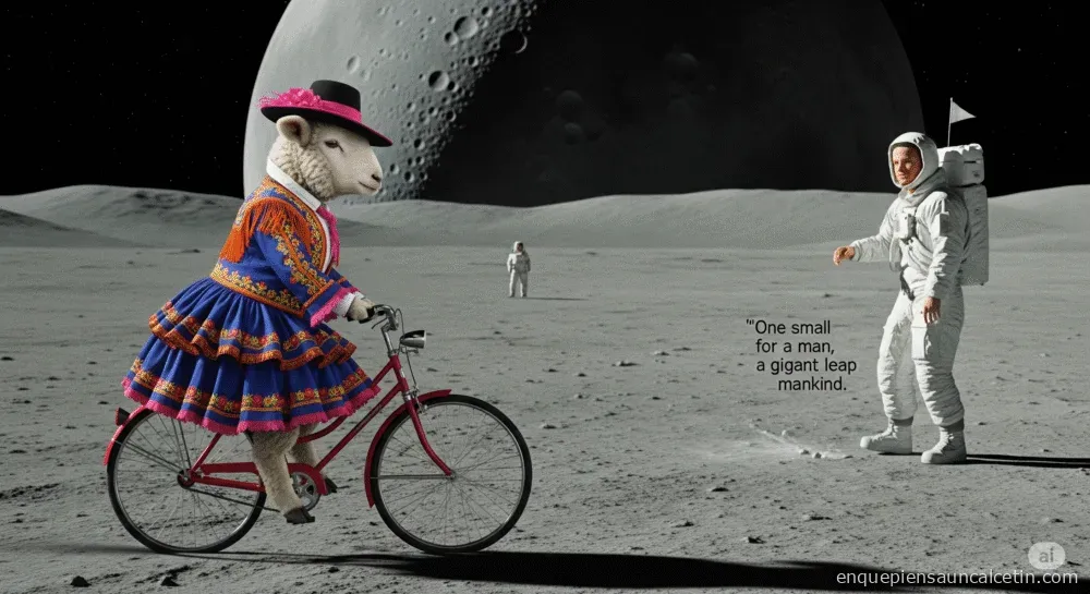 foto hiperreralista al estilo de Wes Anderson donde se vea a un cordero con traje de faralaes yendo en bici por la luna mientras por detrás se ve a Neil Armstrong dando un pequeño paso para el hombre y un salto de gigante para la Humanidad.